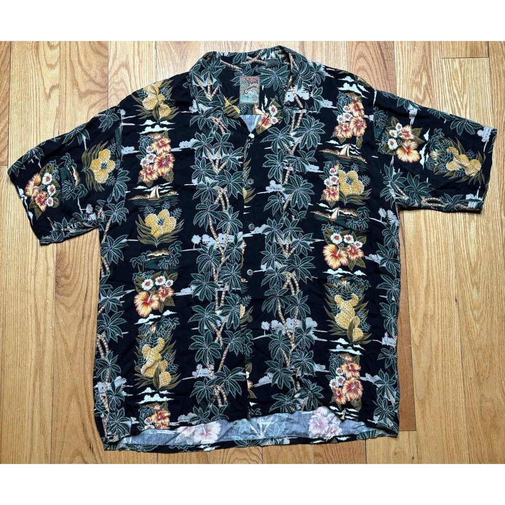 VTG 90s Pineapple Connection Palm Tree Rayon Hawaiian Shirt Black AOP Aloha XL